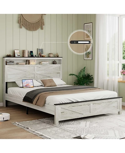 Lucky One bed frame headboard with Led lights and charging station cushion platform bed