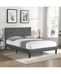 Lucky One Upholstered Platform Bed Frame with Headboard, Strong Wood Slat Support