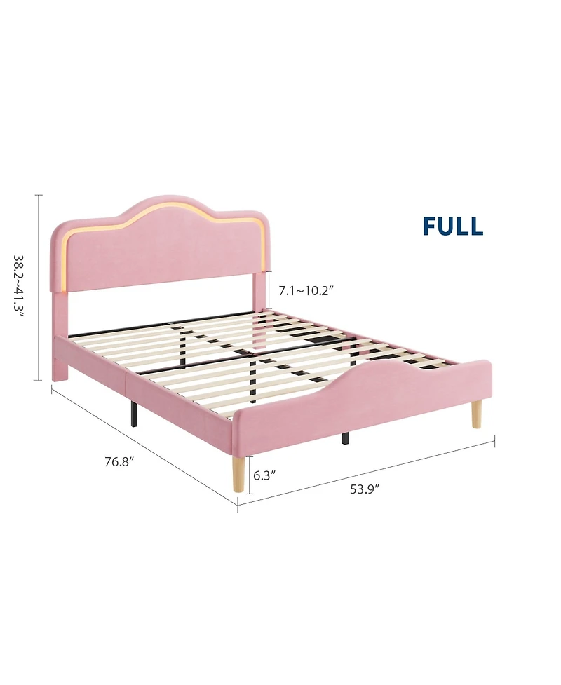Homfan Kids Led Upholstered Bed Frame with Adjustable Headboard & Footboard, Sturdy Wooden Slats