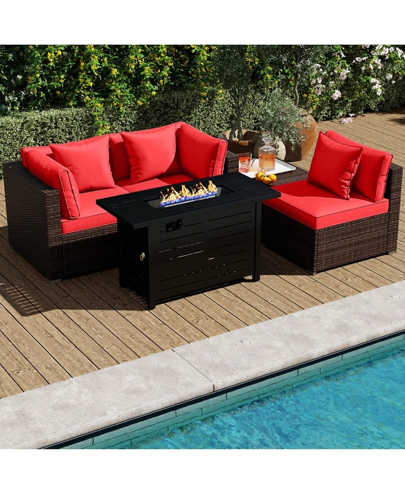 Gouun 5-Piece Rattan Sofa Set with 60,000 Btu 2-in-1 Firepit Table and Ottoman