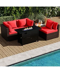 Gouun 5-Piece Rattan Sofa Set with 60,000 Btu 2-in-1 Firepit Table and Ottoman