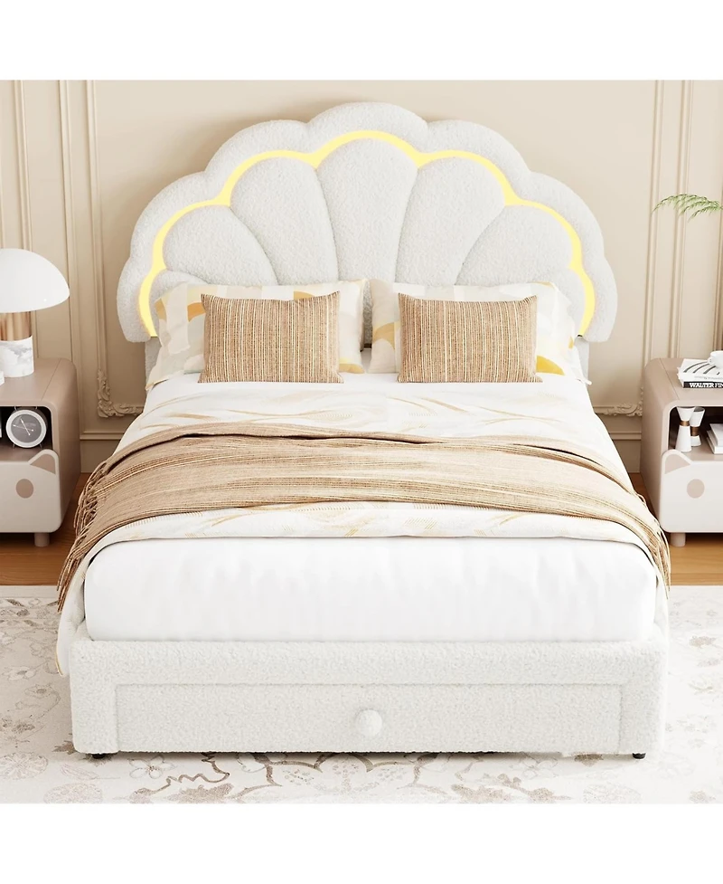 gaomon Upholstered Led Bed Frame with Storage Drawer and Adjustable Chic Headboard, Berber Fleece Princess Platform for Kids