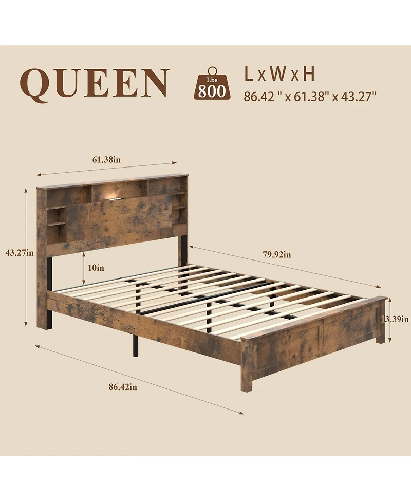 Lucky One Wood Queen Bed Frame with Storage Headboard - Bed Frame Queen Size with Charging Station