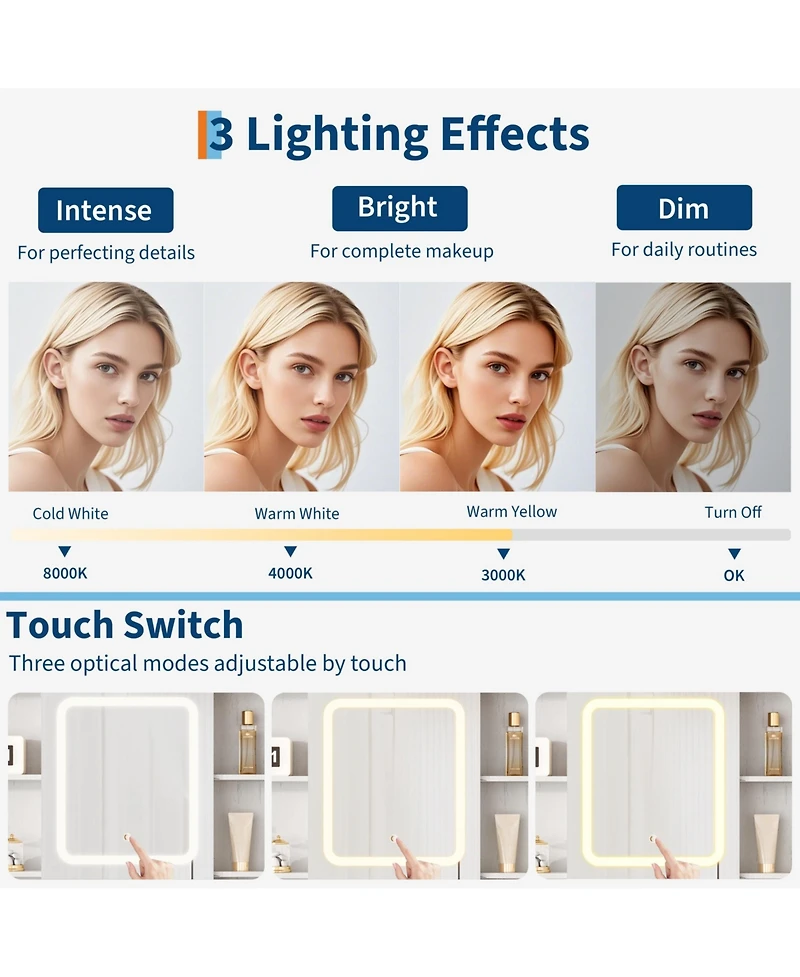 Homfan Farmhouse Makeup Vanity Desk with Lighted Mirror, Glass Top, Power Outlet, Upholstered Stool, Storage Drawers and Shelves