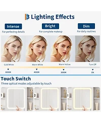 Homfan Farmhouse Makeup Vanity Desk with Lighted Mirror, Glass Top, Power Outlet, Upholstered Stool, Storage Drawers and Shelves