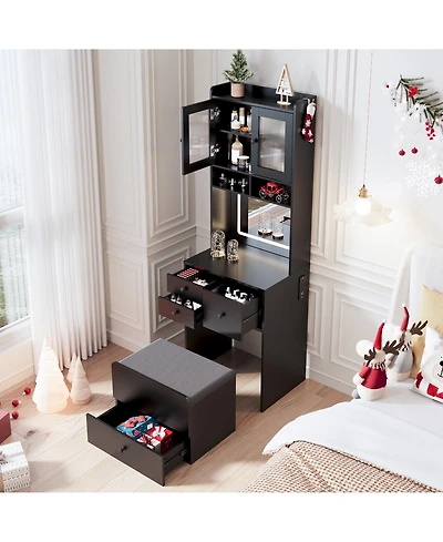 Homfan Modern Vanity Desk with Sliding Led Mirror, 4 Spacious Drawers, Makeup Dressing Table for Bedroom Organization, Sleek Design