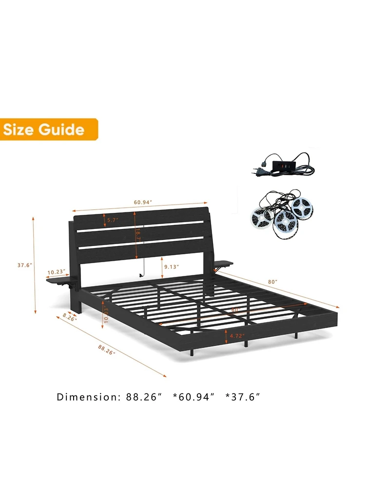 Lucky One Floating Bed Frame Queen with Led Lights and Charging Station