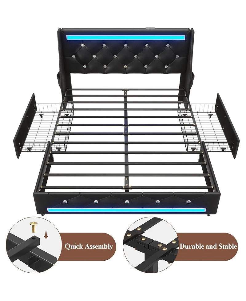 Lucky One Queen Size Bed Frame with Wingback Upholstered Diamond Headboard and 2 Storage Drawers