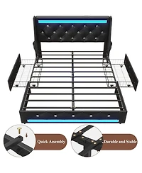 Lucky One Queen Size Bed Frame with Wingback Upholstered Diamond Headboard and 2 Storage Drawers