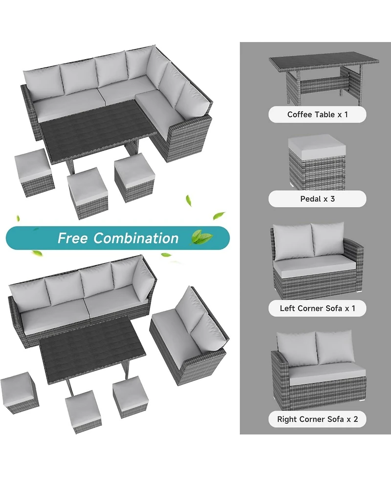gaomon 7-Piece Outdoor Wicker Sectional Dining Set with Cushions and Storage