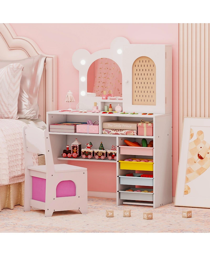 Gouun Kids Vanity Table and Chair Set with Led Lights and 5 Drawers