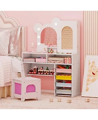 Gouun Kids Vanity Table and Chair Set with Led Lights and 5 Drawers