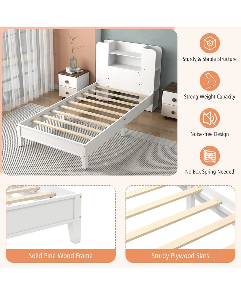 Gouun Wooden Platform Bed Frame with Bookcase Storage Headboard