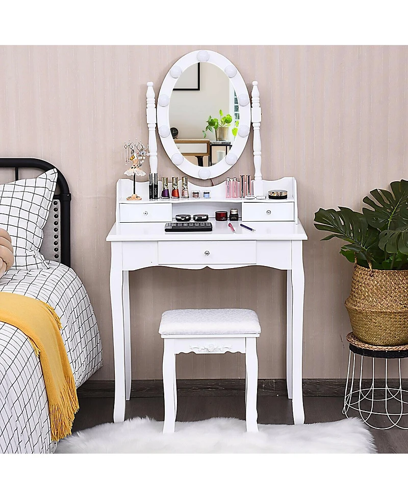 Gouun Oval Mirror Vanity Set with 10 Led Dimmable Bulbs, 3 Drawers and Stool