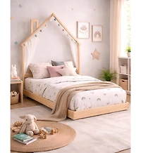 Gouun House-Shaped Floor Bed with Chimney, Headboard and Side Handrails