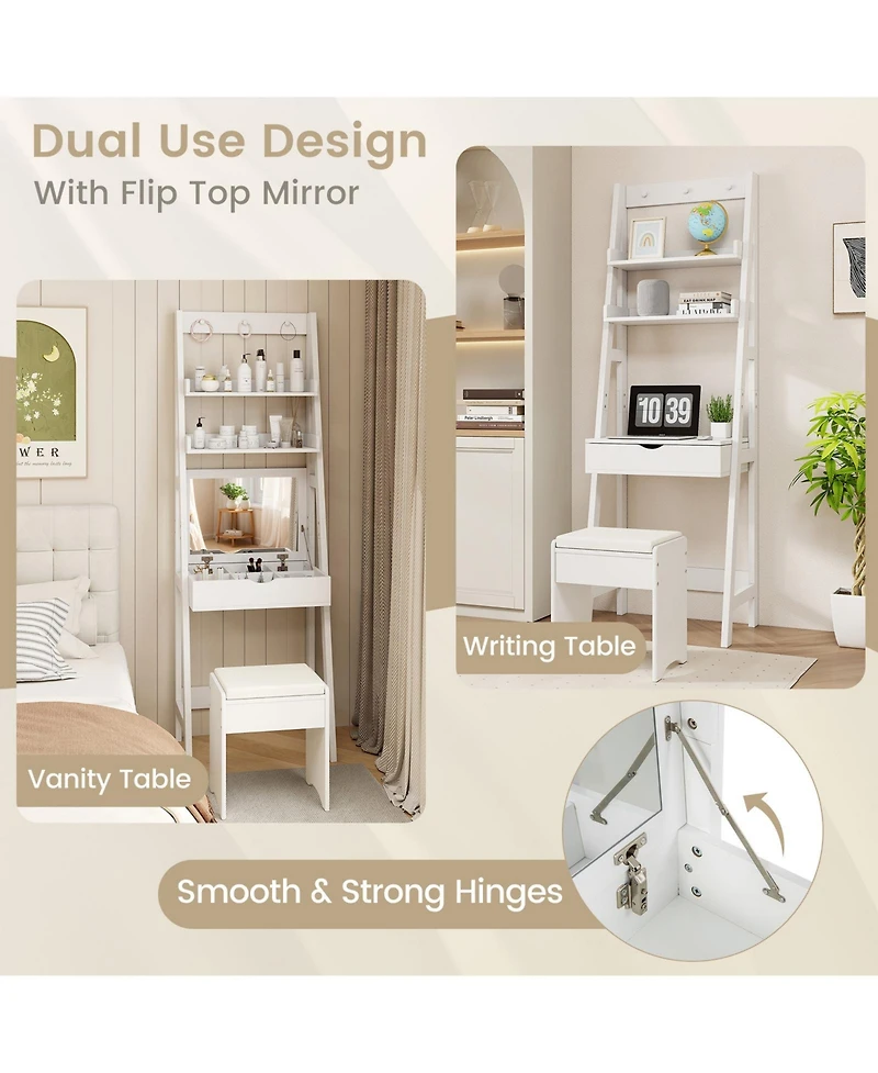 Gouun Flip Top Vanity Desk Set with Hidden Storage and Cushioned Stool