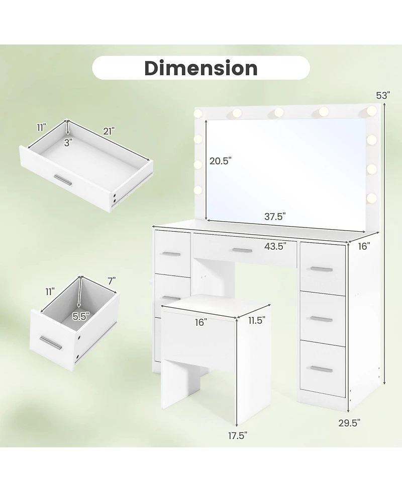 Gouun 43.5 in Vanity Desk with Led Lighted Mirror, 7 Drawers and Storage Stool