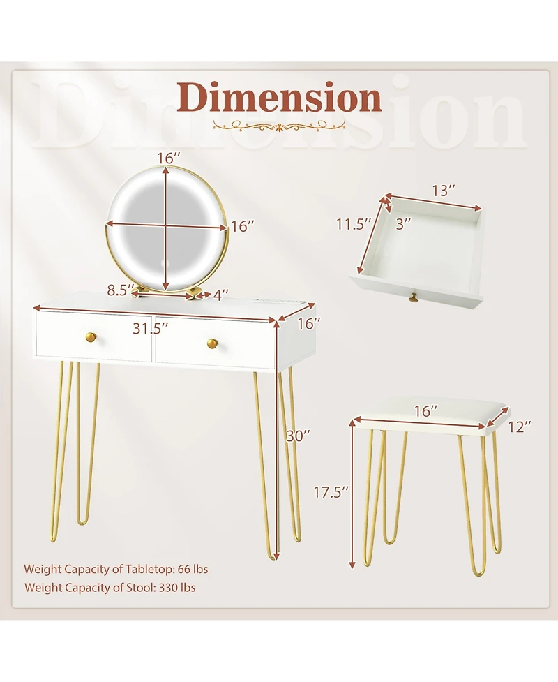 Gouun Vanity Desk with 360-Degree Adjustable Led Mirror, Drawers and Stool