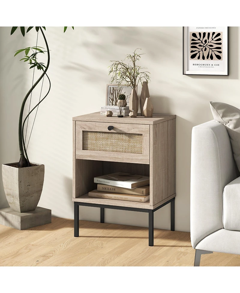 Gouun Rattan Nightstand Set of 2 with Drawer and Open Shelf, Boho End Table