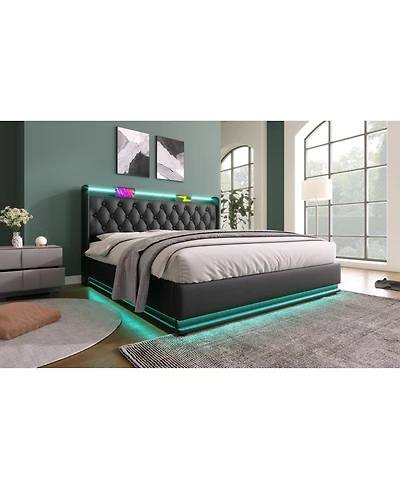 Lucky One Queen Upholstered 360 Surround Led Light App & Remote Control Platform Bed Frame