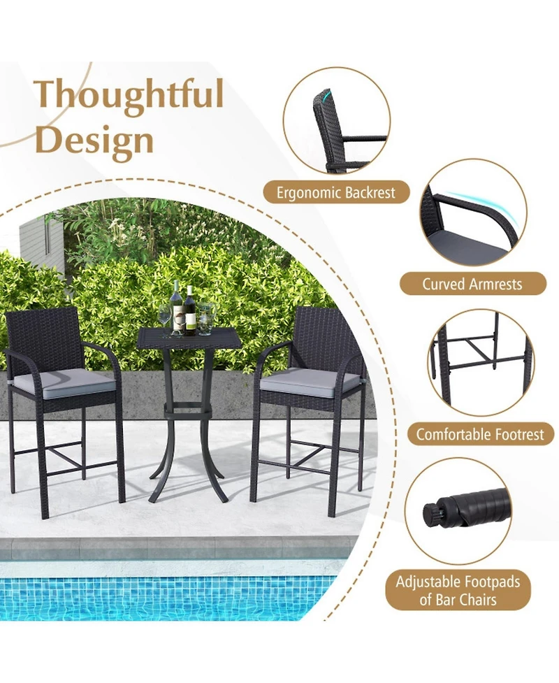 Gouun 3-Piece Wicker Bar Height Patio Set with Cushioned Stools and Square Table