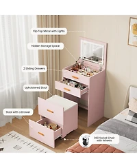 Homfan 3-in-1 Compact Vanity Desk with Mirror and Adjustable Led Lights, Dressing Table Set Storage Rolling Chair, For Girls' Bedrooms