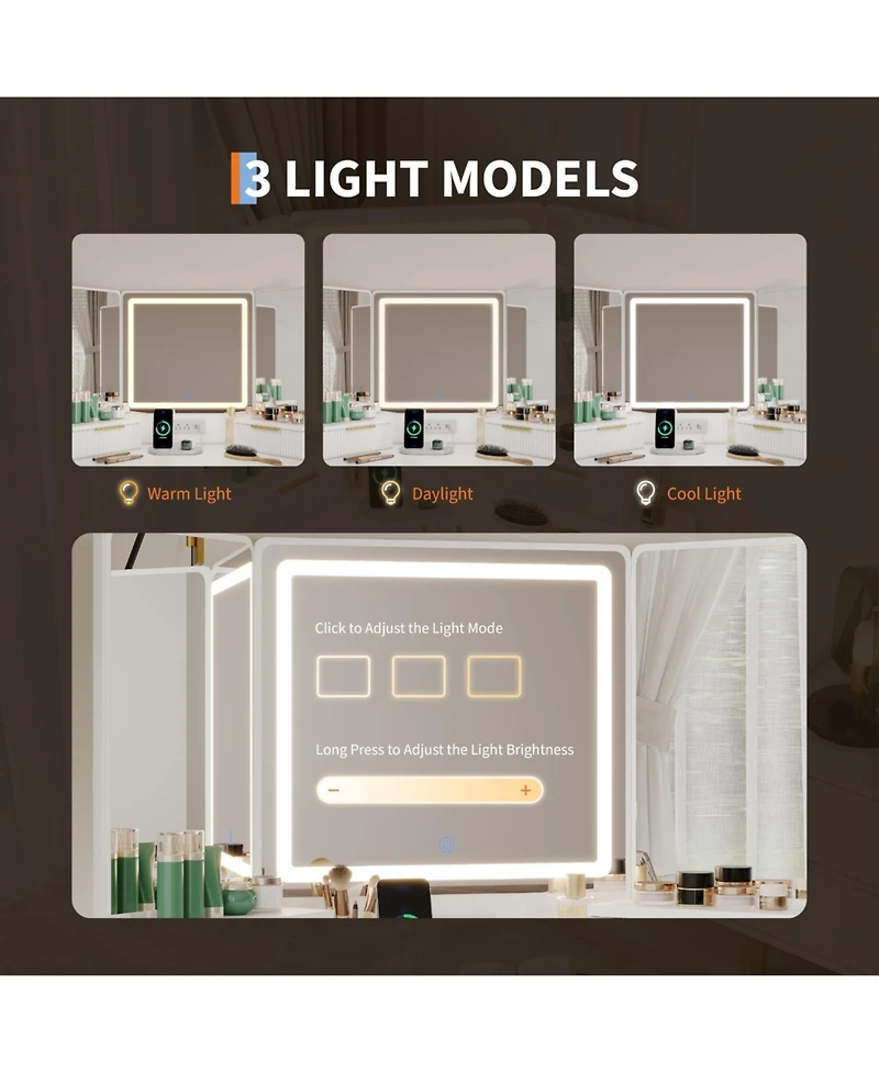 Homfan Corner Vanity, Vanity Desk with Mirror and Lights, Fluted Makeup Table Charging Station, Drawers, Storage Cabinets