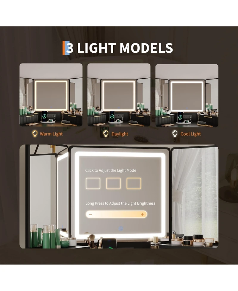 Homfan Corner Vanity, Vanity Desk with Mirror and Lights, Fluted Makeup Table Charging Station, Drawers, Storage Cabinets