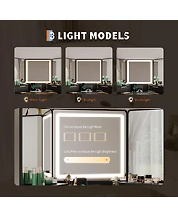 Homfan Corner Vanity, Vanity Desk with Mirror and Lights, Fluted Makeup Table Charging Station, Drawers, Storage Cabinets