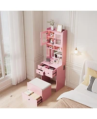 Homfan Modern Vanity Desk with Sliding Led Mirror, 4 Spacious Drawers, Makeup Dressing Table for Bedroom Organization, Sleek Design
