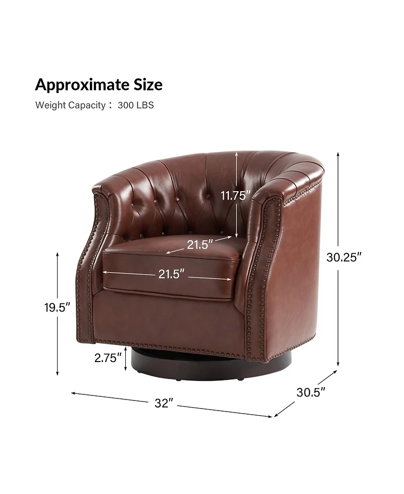 Hulala Home Nixmary 32"W Transitional Genuine Leather Chesterfield Rocker Swivel Chair with Nailhead Trims