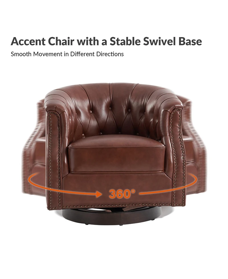 Hulala Home Nixmary 32"W Transitional Genuine Leather Chesterfield Rocker Swivel Chair with Nailhead Trims