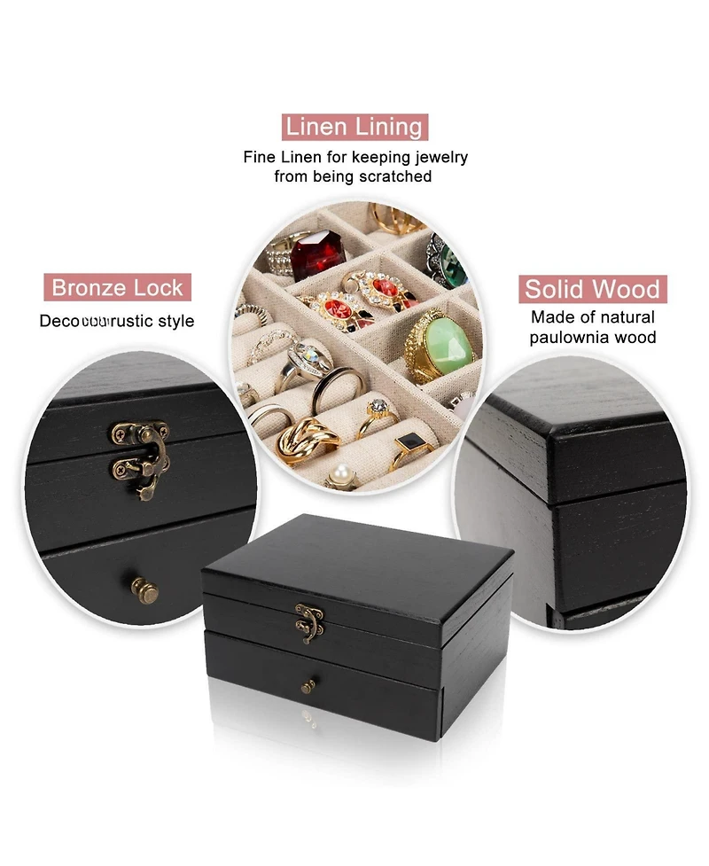 Yigii Rustic Wooden Jewelry Organizer Box for Women Farmhouse Style Solid Wood Linen Lined Multifunctional Holder