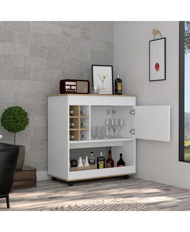 Flynama Light Oak Bar Cart with Lower Panel, 6 Bottle Cubbies and 1 Cabinet