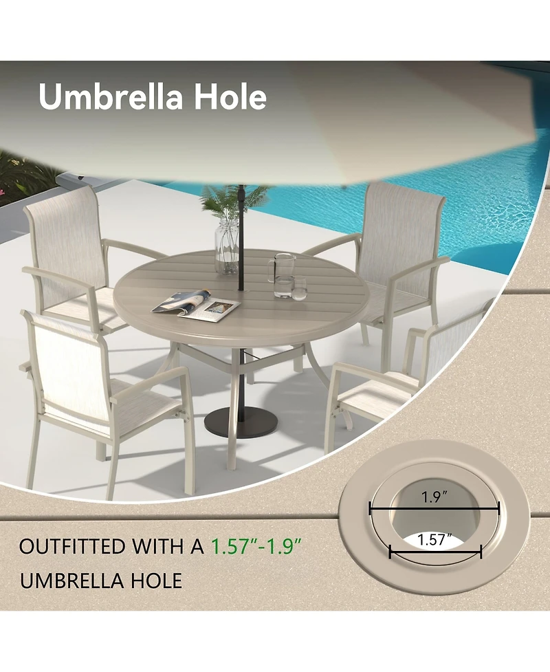 Mondawe 7-Piece Sandstone Outdoor Dining Set with 6 Ergonomic Textilene Chairs & Round Table Umbrella Hole