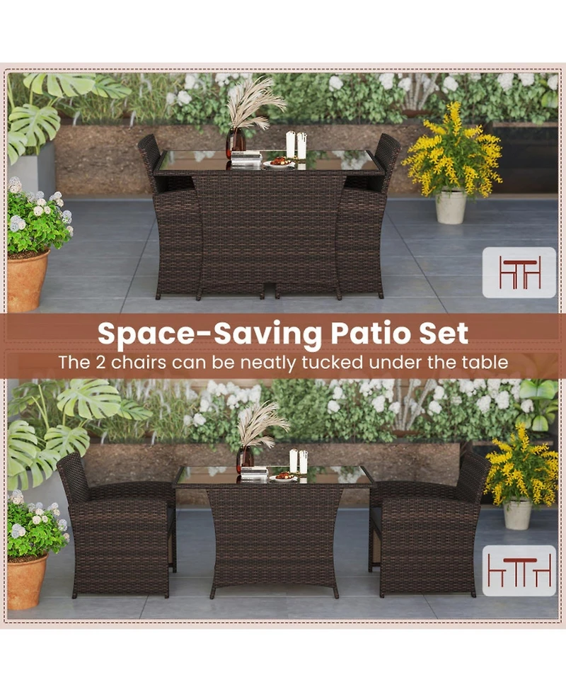 Gouun 3-Piece Patio Wicker Dining Set with Tempered Glass Table and 2 Cushioned Chairs