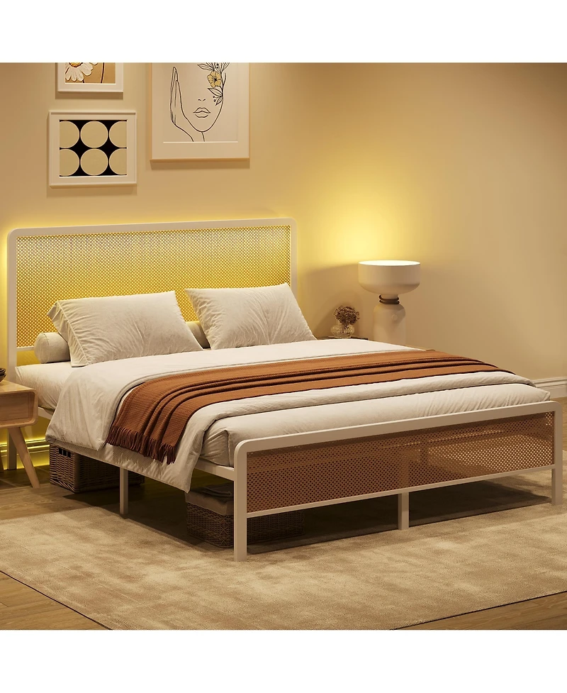 Homfan Bed Frame with Led Lights and Rattan Headboard, Modern Platform Bed