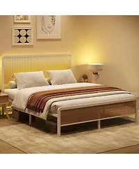 Homfan Bed Frame with Led Lights and Rattan Headboard, Modern Platform Bed