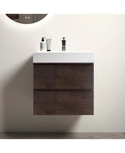 Busdays 24 Inch Walnut Bathroom Vanity with Sink Large Storage Wall Mounted Floating Vanity Modern One Piece Basin Pre Assembled
