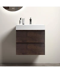 Busdays 24 Inch Walnut Bathroom Vanity with Sink Large Storage Wall Mounted Floating Vanity Modern One Piece Basin Pre Assembled
