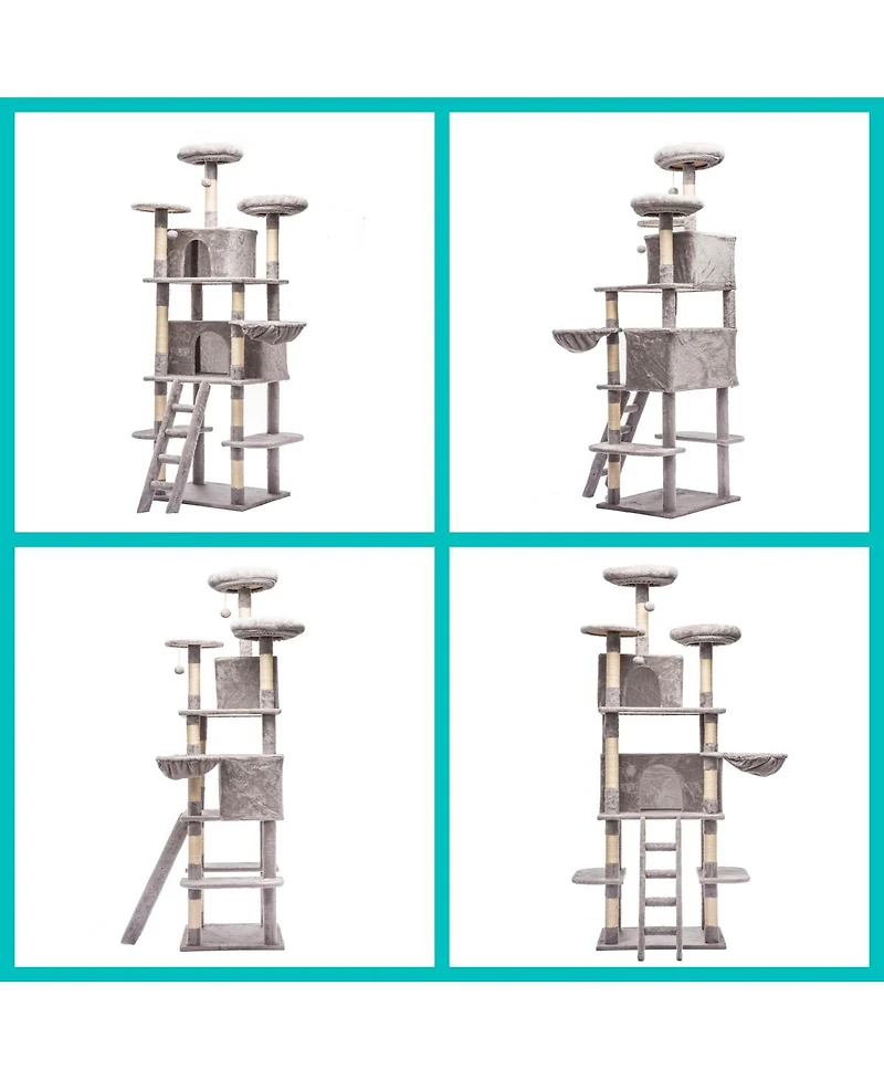 6thdruple 70.87" Multi-Level Cat House Tree, Gray Large Tower with Condos, Hammock, Perches, Sisal Scratching