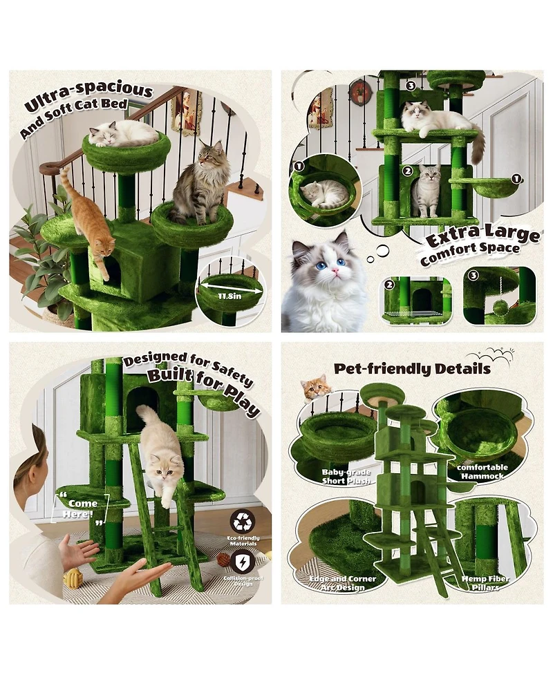 6thdruple 70.87" Multi-Level Cat House Tree, Gray Large Tower with Condos, Hammock, Perches, Sisal Scratching