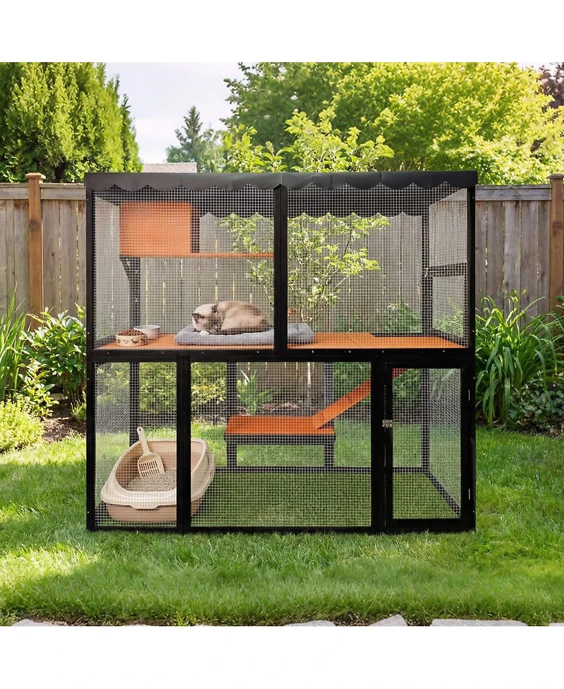 6thdruple 4-Tier Cat House, Outdoor/Indoor Catio Enclosure with Wood Frame, and Weather Cover