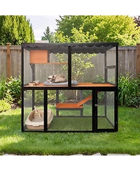 6thdruple 4-Tier Cat House, Outdoor/Indoor Catio Enclosure with Wood Frame, and Weather Cover