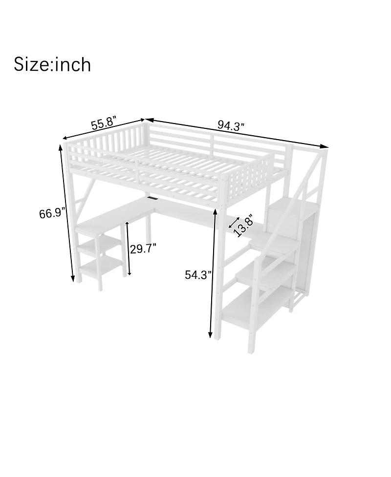 Streamdale Furniture Full Loft Bed Wardrobe, Desk and Led Light