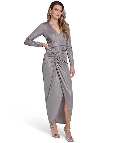 Jessica Howard Women's V-Neck Front Slit Ruched Ball Gown