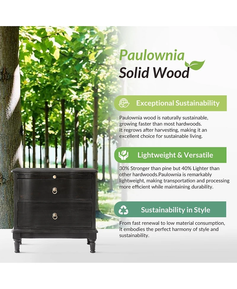 Hulala Home Elfine Traditional 2-Drawer Solid Wood End Table with Built-In Outlet and Curved Drawer Fronts