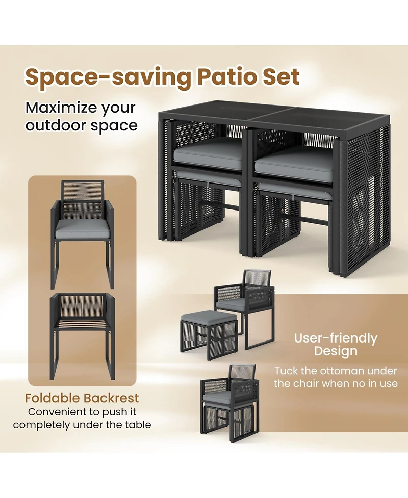 Gouun 5-Piece Outdoor Wicker Conversation Set with Chairs, Ottomans, and Table