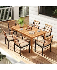 Gouun 7-Piece Patio Dining Set with 67 in Acacia Wood Table, Umbrella Hole and 6 Cushioned Chairs