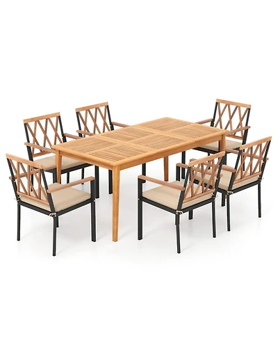 Gouun 7-Piece Patio Dining Set with 67 in Acacia Wood Table, Umbrella Hole and 6 Cushioned Chairs